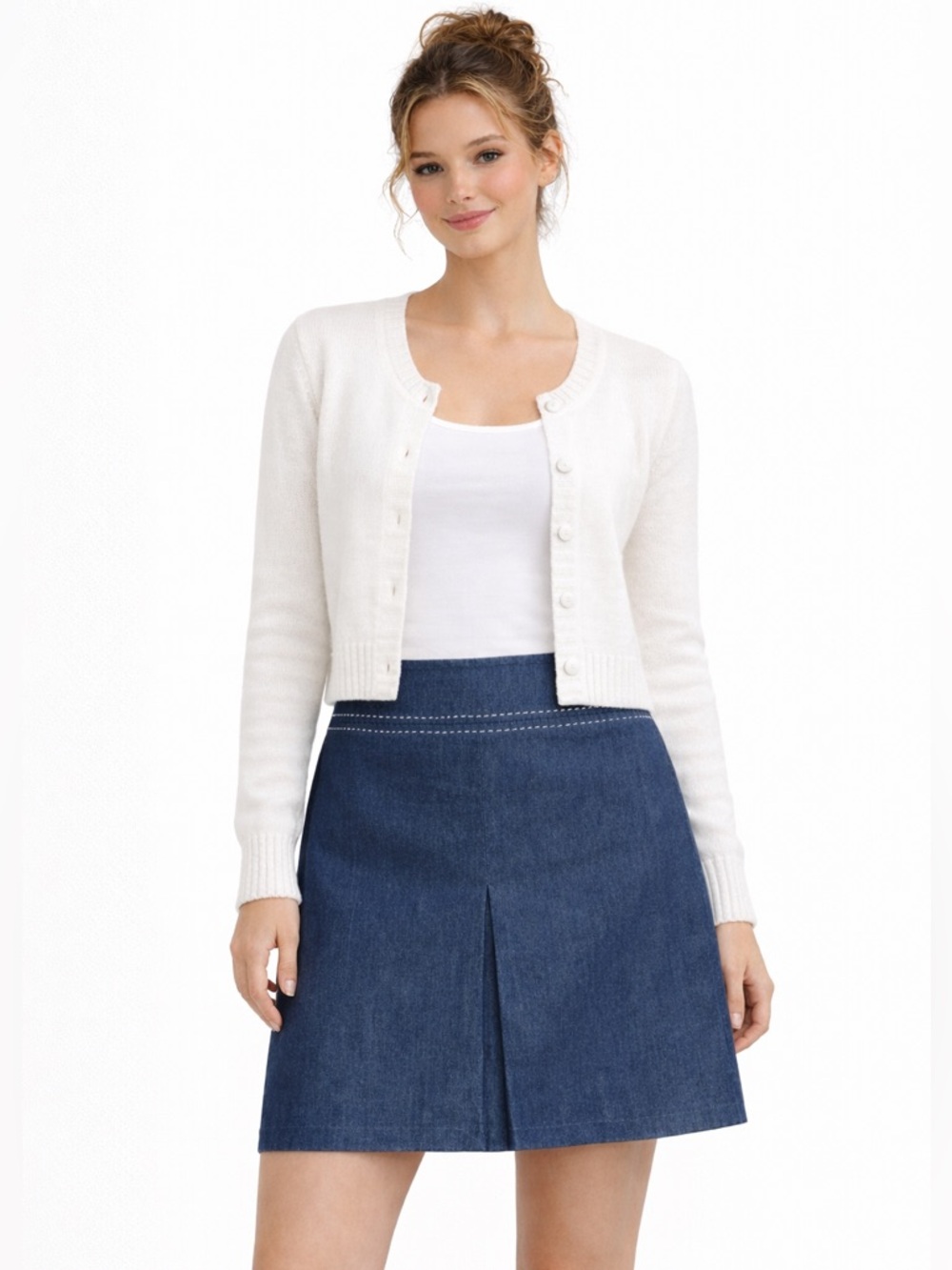 Ive A Line Chambray Pleated Stretch Skirt Womens Blue 4 Classy Preppy Boho Work
